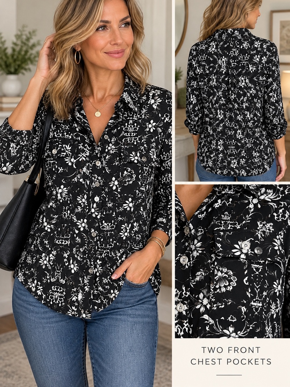Croft & Barrow Black Floral Button-Up Blouse w/ 2 Chest Pockets Size Medium